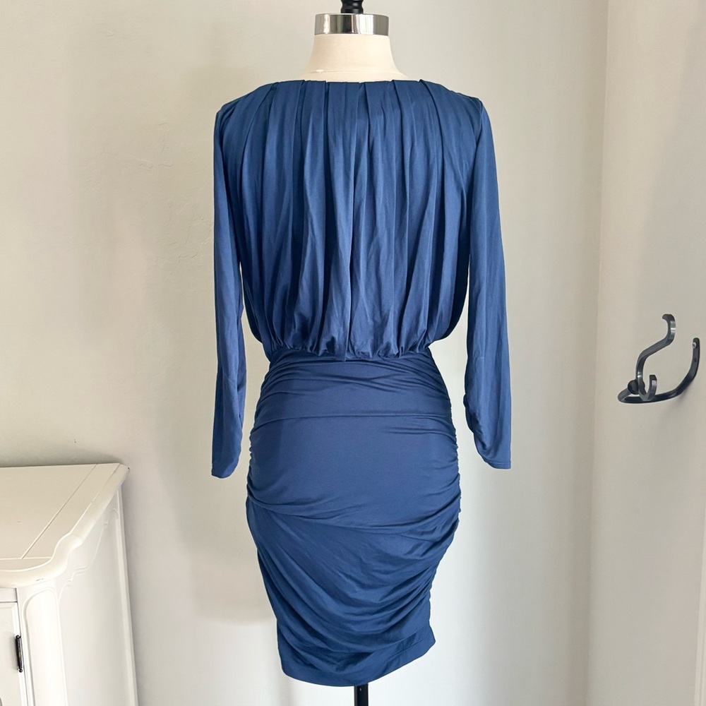 Max Studio Blue Jersey Pleated Shirred Blouson Dress, Medium NWT - Picture 3 of 9